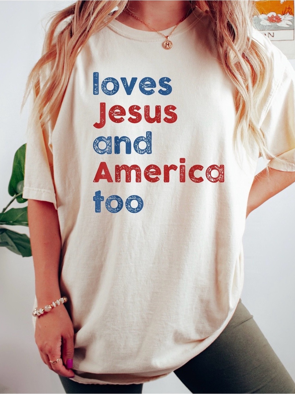 Loves Jesus and America Too Graphic Tee - Cream with Red & Blue Print